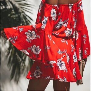 Vici red floral off the shoulder romper